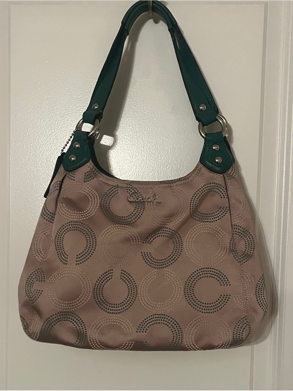 Coach Taupe Canvas Shoulder Bag with Green Leather Handles